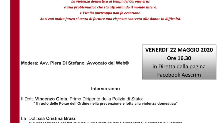 Webinar in diretta il 21/05/2020 “La violenza domestica ai tempi del Covid19”